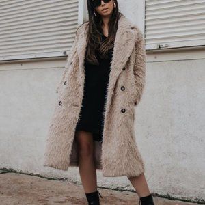 Faux Fur Long Pea Coat - Beige